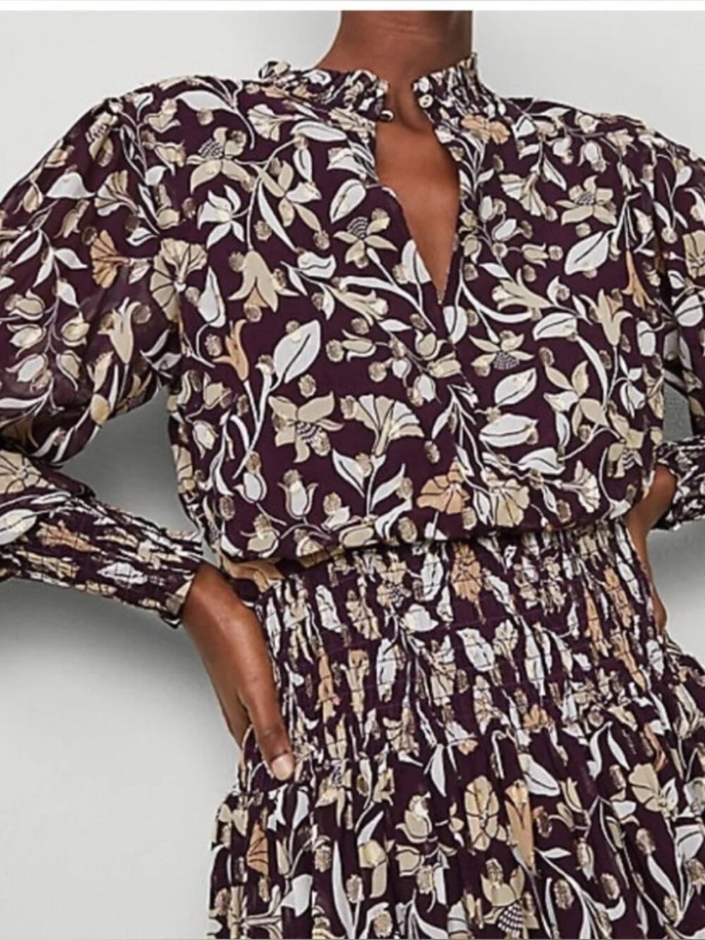 Ann Taylor Maxi Dress Long Sleeve Purple Burgundy Gold Shimmer floral sz6
